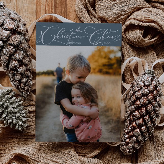 Christmas Cheer Script Slate Blue Christmas Photo Holiday Card (Creator Uploaded)