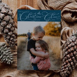 Christmas Cheer Script Teal Christmas Photo Holiday Card