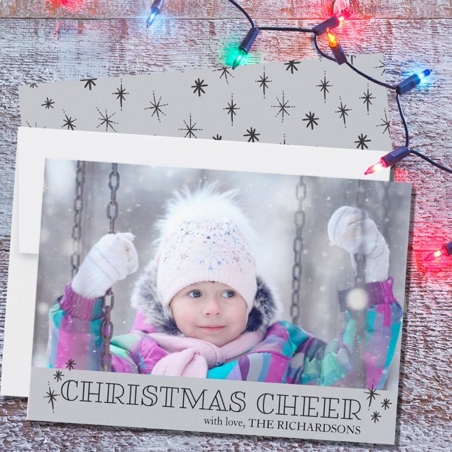 Christmas Cheer Stars Grey Photo Holiday Card (Creator Uploaded)