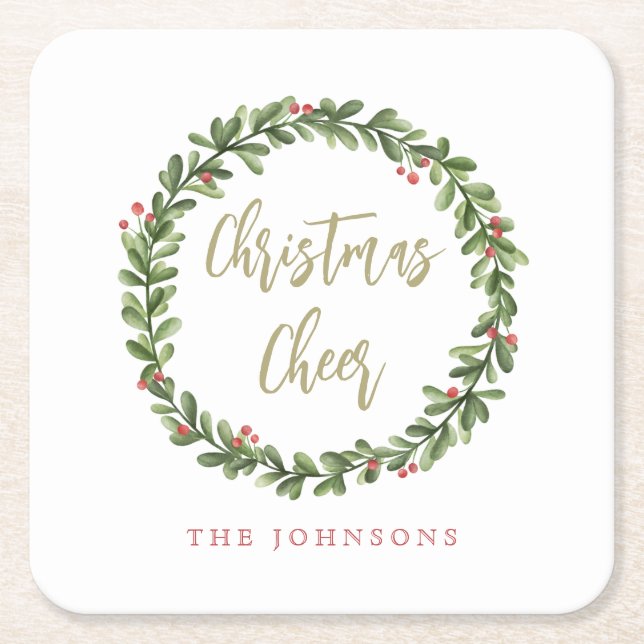 Christmas Cheer Wreath Gold Script Personalised Square Paper Coaster (Front)