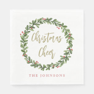 Christmas Cheer Wreath Gold Script Personalized Napkin
