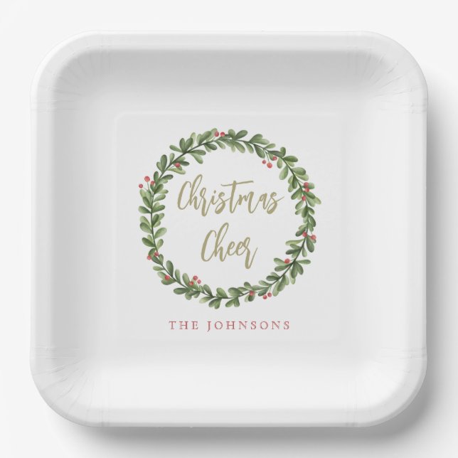 Christmas Cheer Wreath Gold Script Personalized Paper Plate (Front)