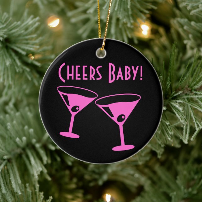 Christmas Cheers baby Neon pink cocktail glasses  Ceramic Ornament (Tree)