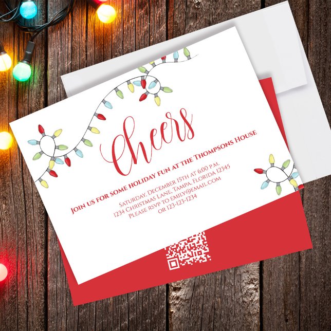 Christmas Cheers Colourful String Lights QR Code  Invitation (Cheers Christmas holiday invitation with whimsical string of lights. )