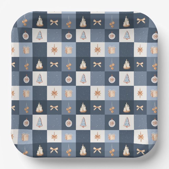 Christmas Chequered Pattern Holiday Paper Plate (Front)