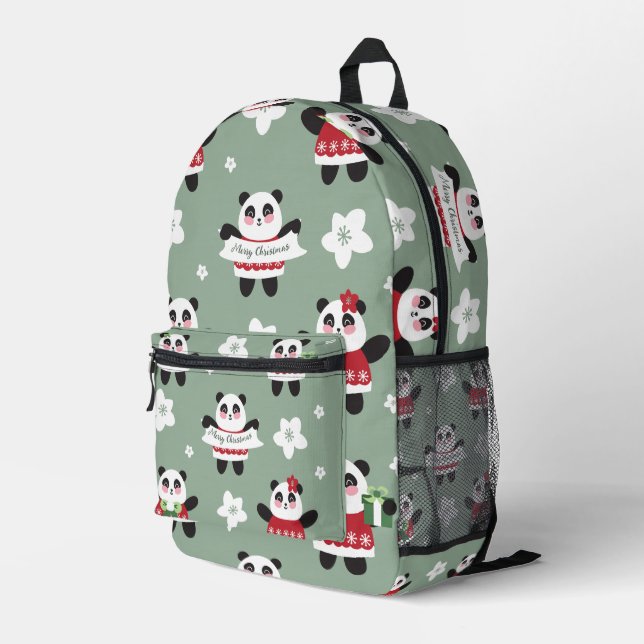 Christmas Cherry Blossom Panda Printed Backpack (Back Corner Right)