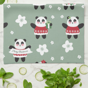 Christmas Cherry Blossom Panda Tea Towel