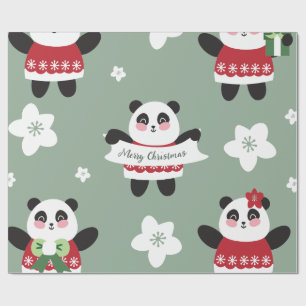 Christmas Cherry Blossom Panda Wrapping Paper
