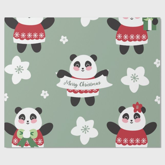 Christmas Cherry Blossom Panda Wrapping Paper (Flat)