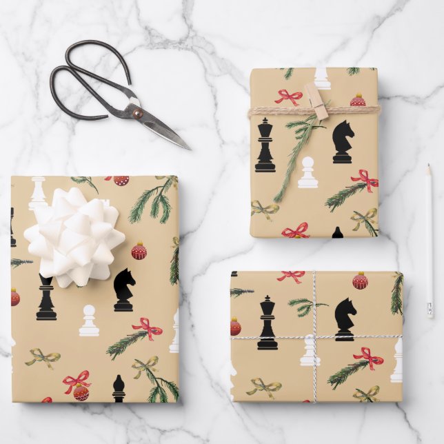 Christmas Chess Pieces Game Pattern Beige Wrapping Paper Sheet (Front)
