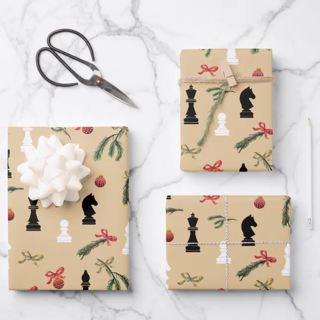 Christmas Chess Pieces Game Pattern Beige Wrapping Paper Sheet | Zazzle
