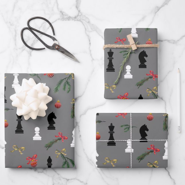 Christmas Chess Pieces Game Pattern Grey Wrapping Paper Sheet (Front)