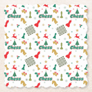 Christmas Chess - Pieces, Tree, Holly, Reindeer Paper Coaster