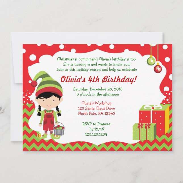 Christmas Chevron Girl Elf Birthday Invitation (Front)