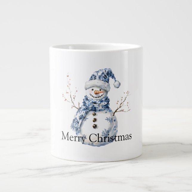 Christmas Chic Blue White Snowman Large Coffee Mug (Front)