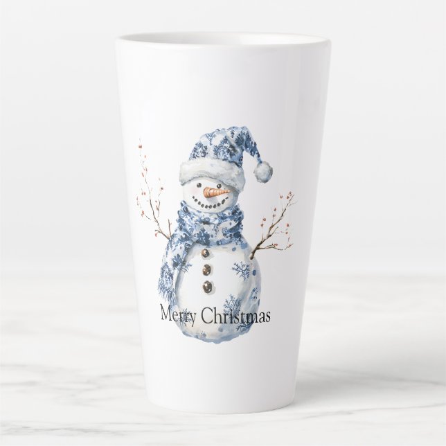 Christmas Chic Blue White Snowman Latte Mug (Front)