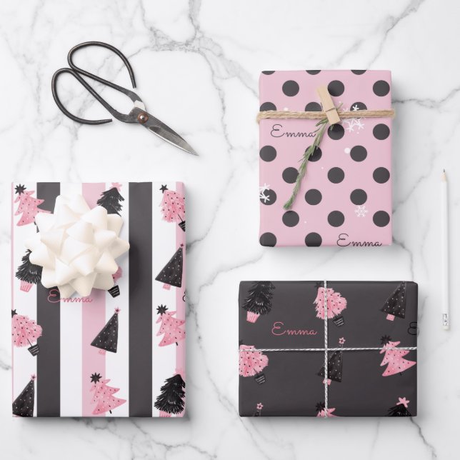 Christmas Chic Pink Grey modern Custom Name Wrapping Paper Sheet (Front)