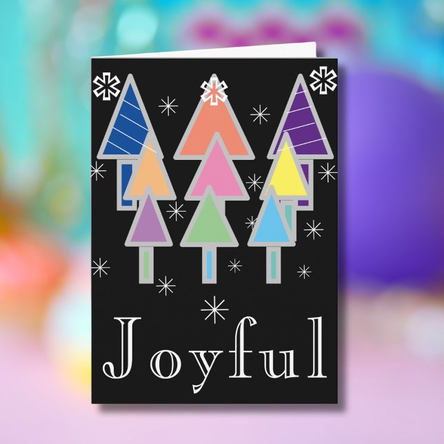 Christmas Chic Script Modern Artsy Black Holiday  Card ('Joyful' dramatic black holiday card with colorful abstract art Christmas trees.)
