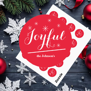 Christmas Chic Script Name Simple Joyful Red Classic Round Sticker