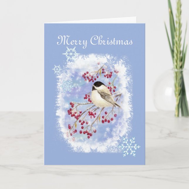 Christmas Chickadee bird in Frosty Window Holiday Card (Front)