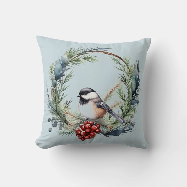 Christmas Chickadee Bird in Wreath Art Cushion (Front)
