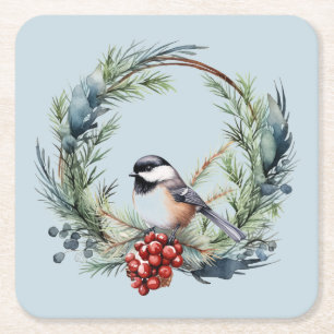 Christmas Chickadee Bird in Wreath Art Square Paper Coaster