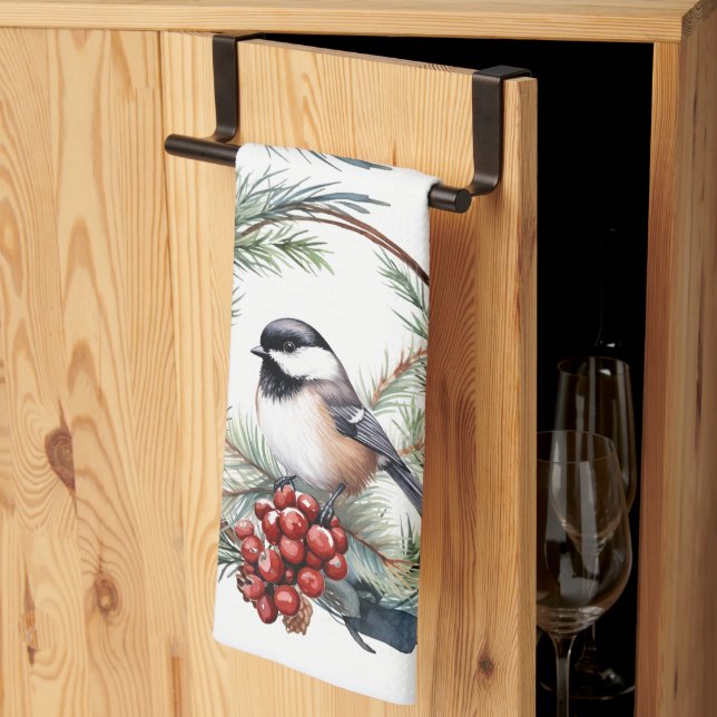 Christmas Chickadee Bird in Wreath Art  Tea Towel (Thirds Fold)