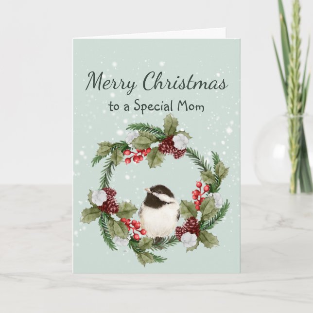 Christmas Chickadee Bird Watercolor Mother Card (Front)