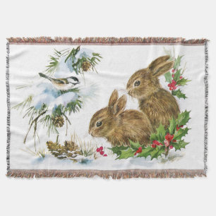 Christmas Chickadee Bunnies Holly Warm Throw Blanket