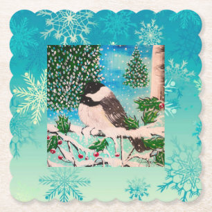 Christmas Chickadee Chatter Plate Paper Coaster