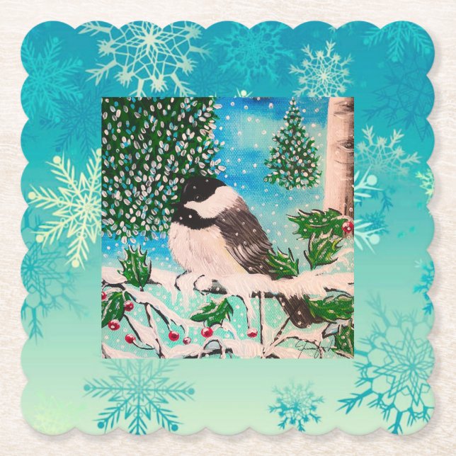 Christmas Chickadee Chatter Plate Paper Coaster (Front)