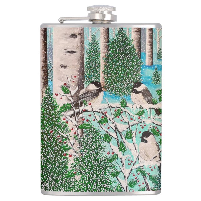 Christmas Chickadee Chatter Water Bottle Hip Flask (Front)