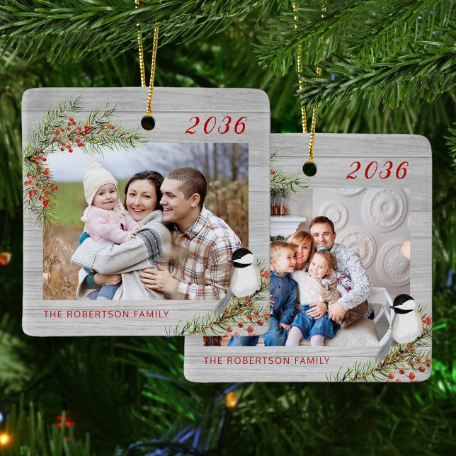 Christmas Chickadee Rustic Family 2 Photo Ceramic Ornament (Creator Uploaded)