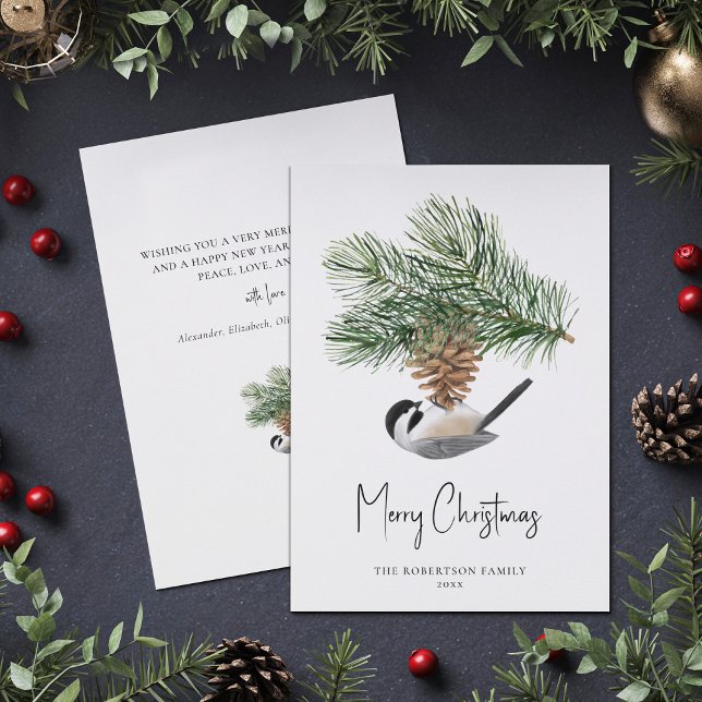 Christmas Chickadee Rustic Winter Pine Cone Holiday Card (Creator Uploaded)