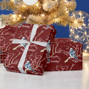 Christmas Chickadee with Berries and Snowflakes Wrapping Paper