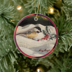Christmas Chickadee with Mistletoe & Winter Snow 2 Ceramic Ornament