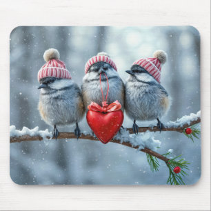 Christmas Chickadees With Red Heart Mouse Pad