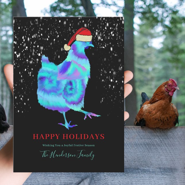 Christmas Chicken Dance  Holiday Card (Cute colorful Christmas hen wearing a santa hat personalized happy holidays greetings card)