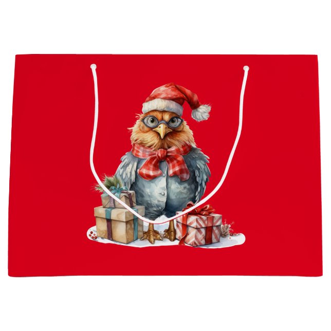 Christmas Chicken in Glasses & Presents Red Large Gift Bag (Front)