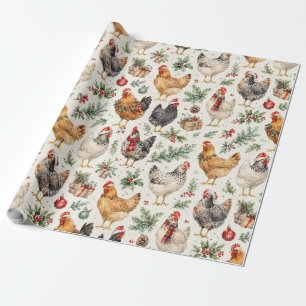 Christmas Chicken Pattern Watercolor Holiday Hens Wrapping Paper