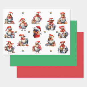 Christmas Chicken Shoppers Plus Solids Green Red  Wrapping Paper Sheet