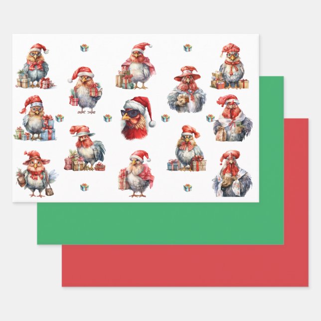 Christmas Chicken Shoppers Plus Solids Green Red  Wrapping Paper Sheet (Set)