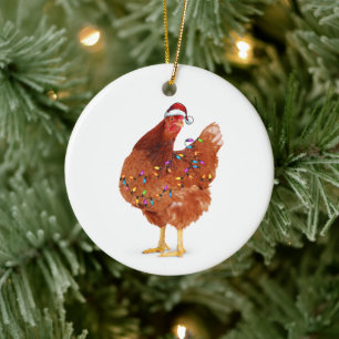Christmas Chicken with hat and lights Ceramic Ornament