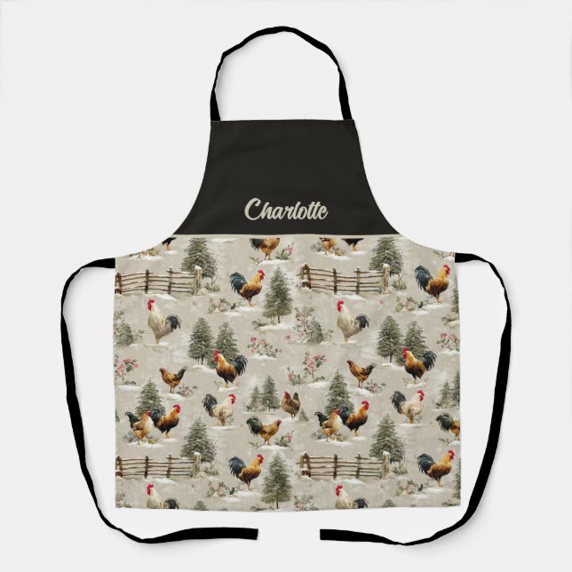 Christmas Chickens and Roosters Farmyard Winter Apron (Front)
