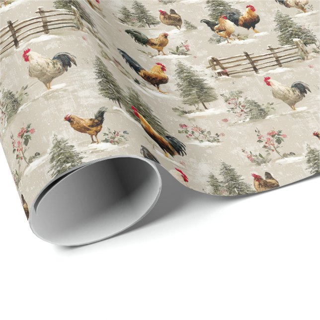 Christmas Chickens and Roosters Farmyard Winter  Wrapping Paper (Roll Corner)