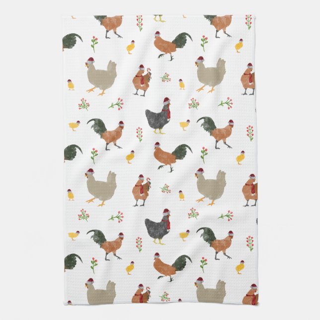 Christmas Chickens & Chicks Pattern Tea Towel (Vertical)