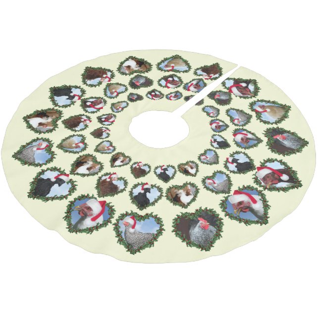Christmas Chickens in Heart Wreaths Brushed Polyester Tree Skirt (Angled)