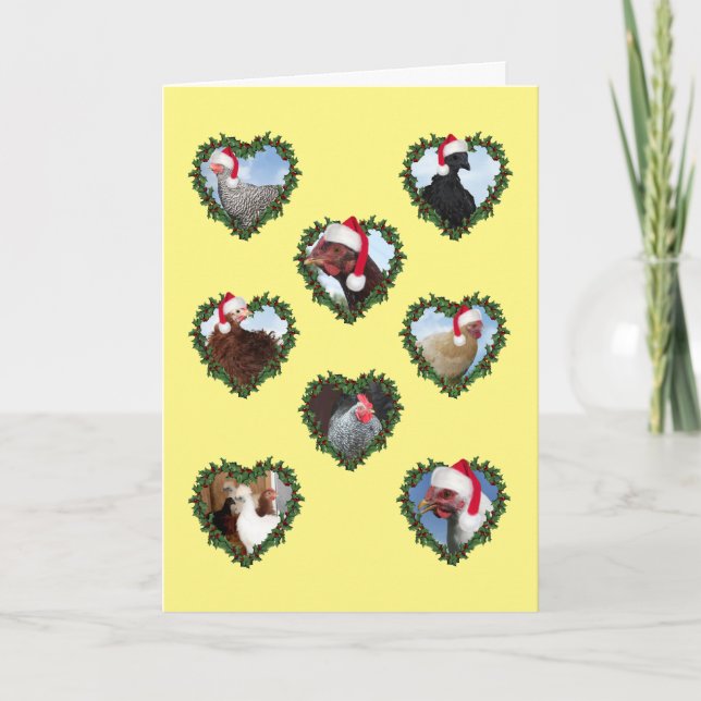 Christmas Chickens in Heart Wreaths Card (Front)
