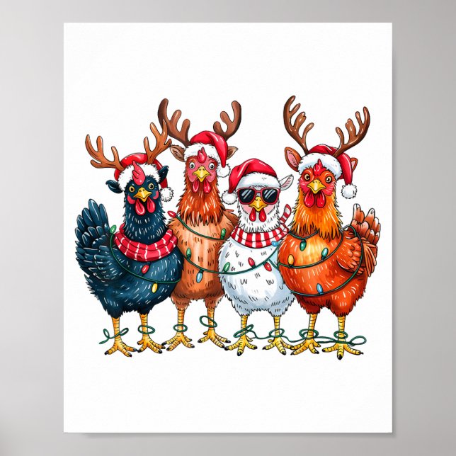 Christmas Chickens Reindeer Farm Animals Xmas Ligh Poster (Front)