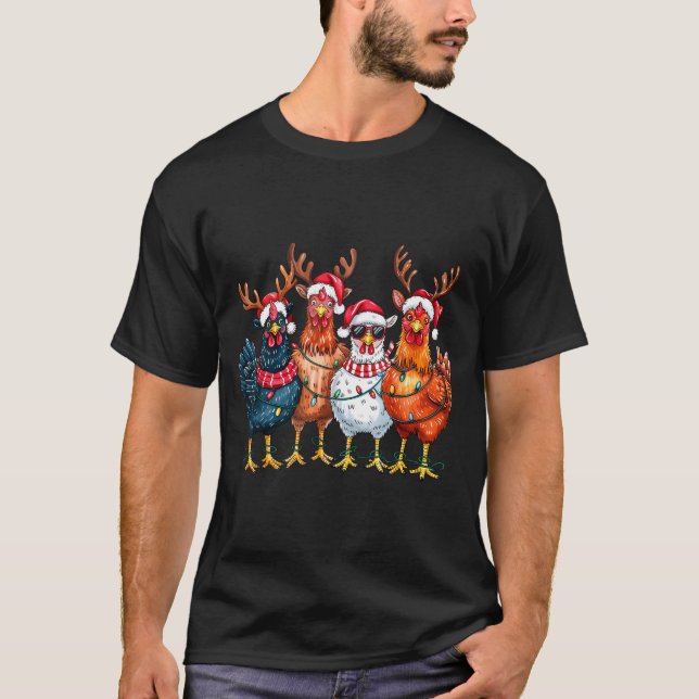 Christmas Chickens Reindeer Farm Animals Xmas Ligh T-Shirt (Front)